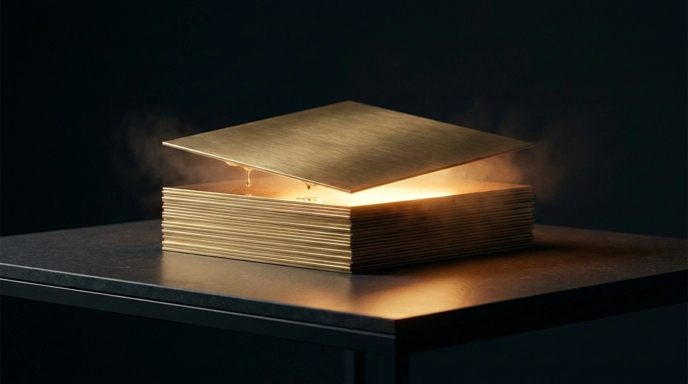 Messingplatte hebt sich von einem Stapel aus Messingblechen, warmes Licht tritt aus