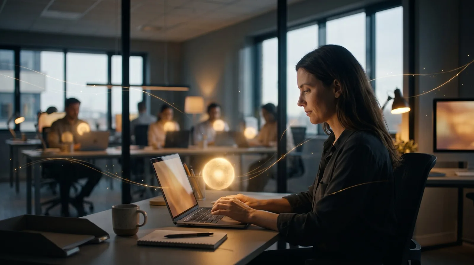Mitarbeiterin am Laptop im Büro am Abend