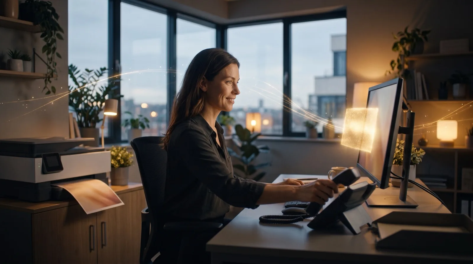 Innendienst am Bildschirm, abends im Büro