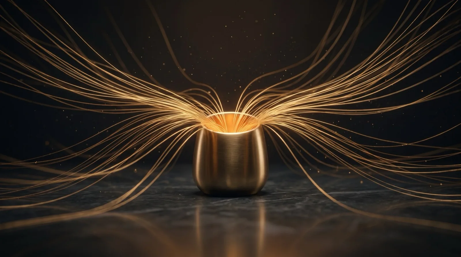Goldene Fäden laufen in einem Messinggefäß zusammen