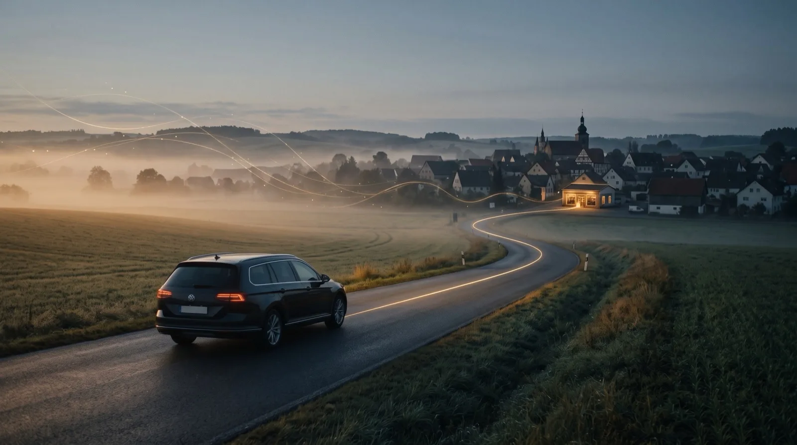Ein Wagen fährt im Morgenlicht in eine Kleinstadt