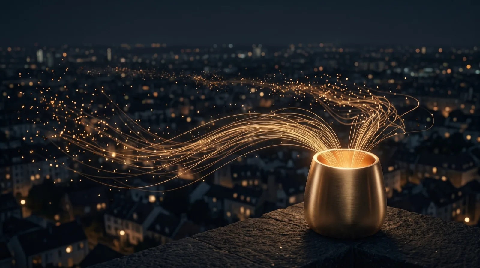 Goldene Fäden strömen aus der Stadt in ein Messinggefäß